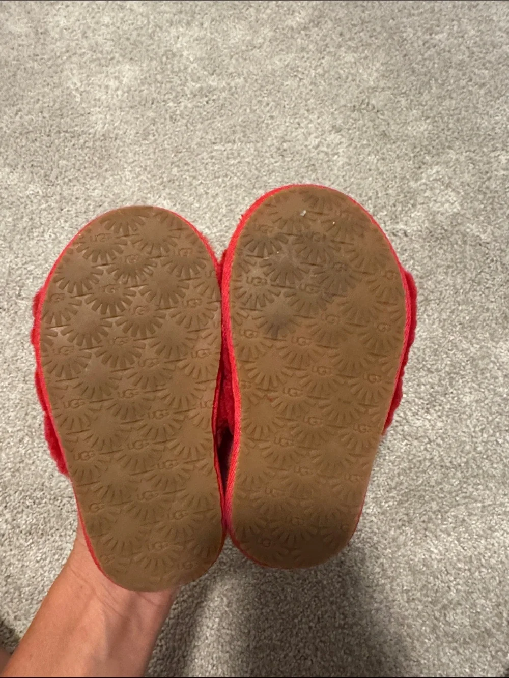UGG Red Fuzzy Slide Sandals with Branded Heel Strap